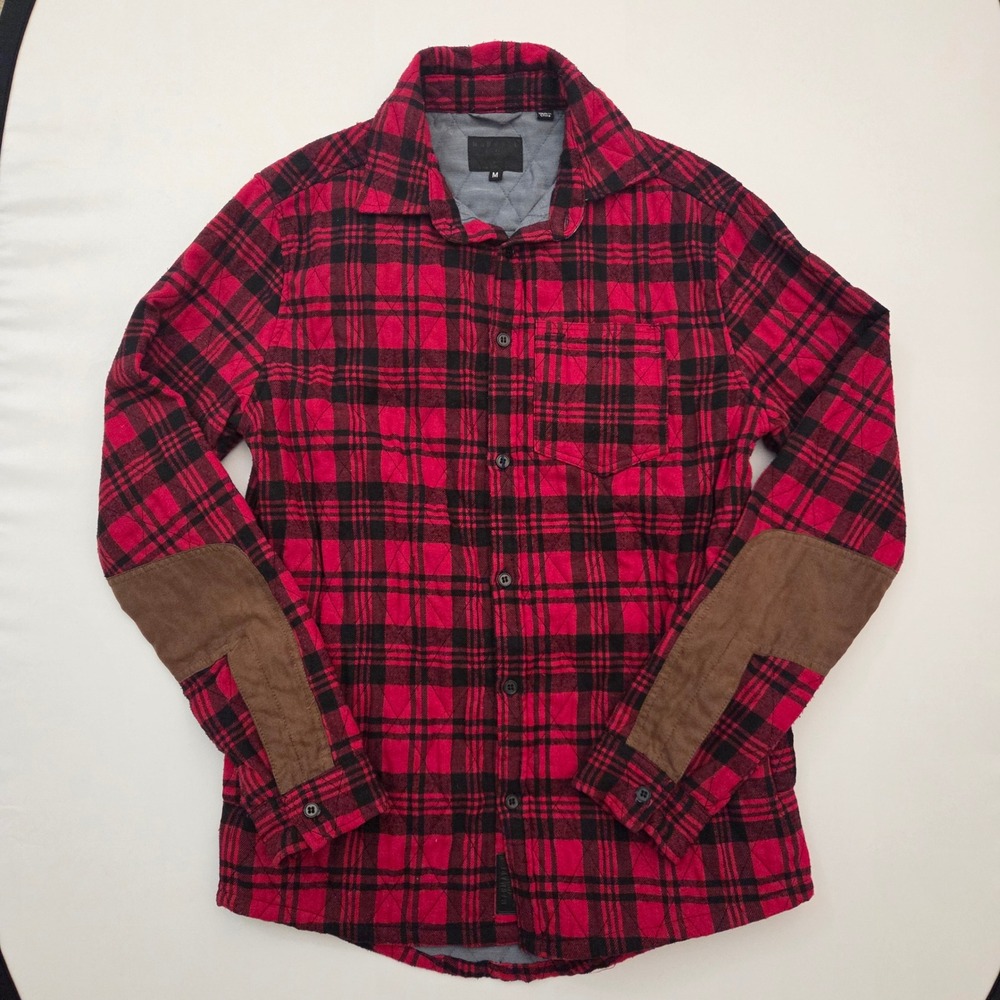 Manmade‎ Apparel Mens Red Black Plaid Quilted Shirt Jacket Elbow Patches Medium
